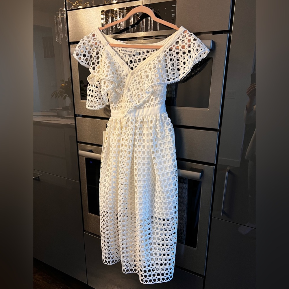 Self-Portrait One Shoulder Guipure-lace Midi Dress in White Color